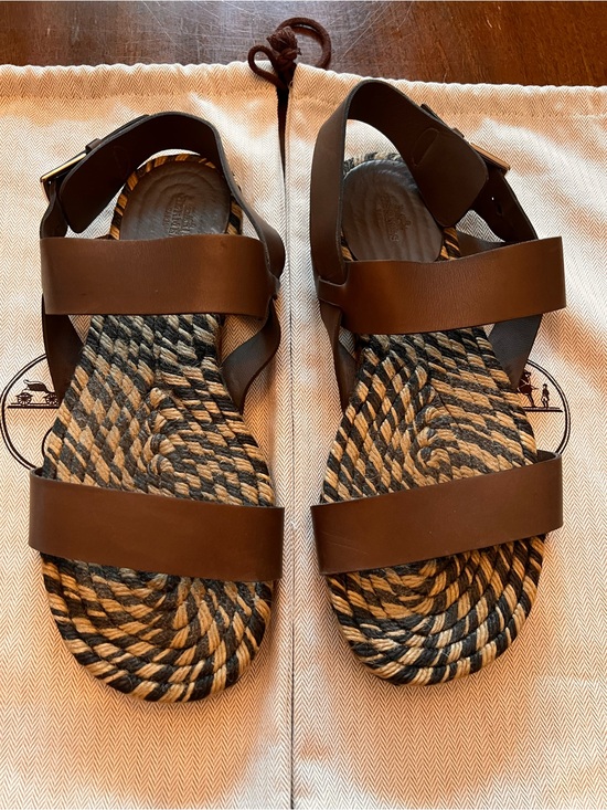 Hermes Men’s Brown Leather Strap Espadrilles Sandals Size 42 US 9 Dust Bags Nice main image 13